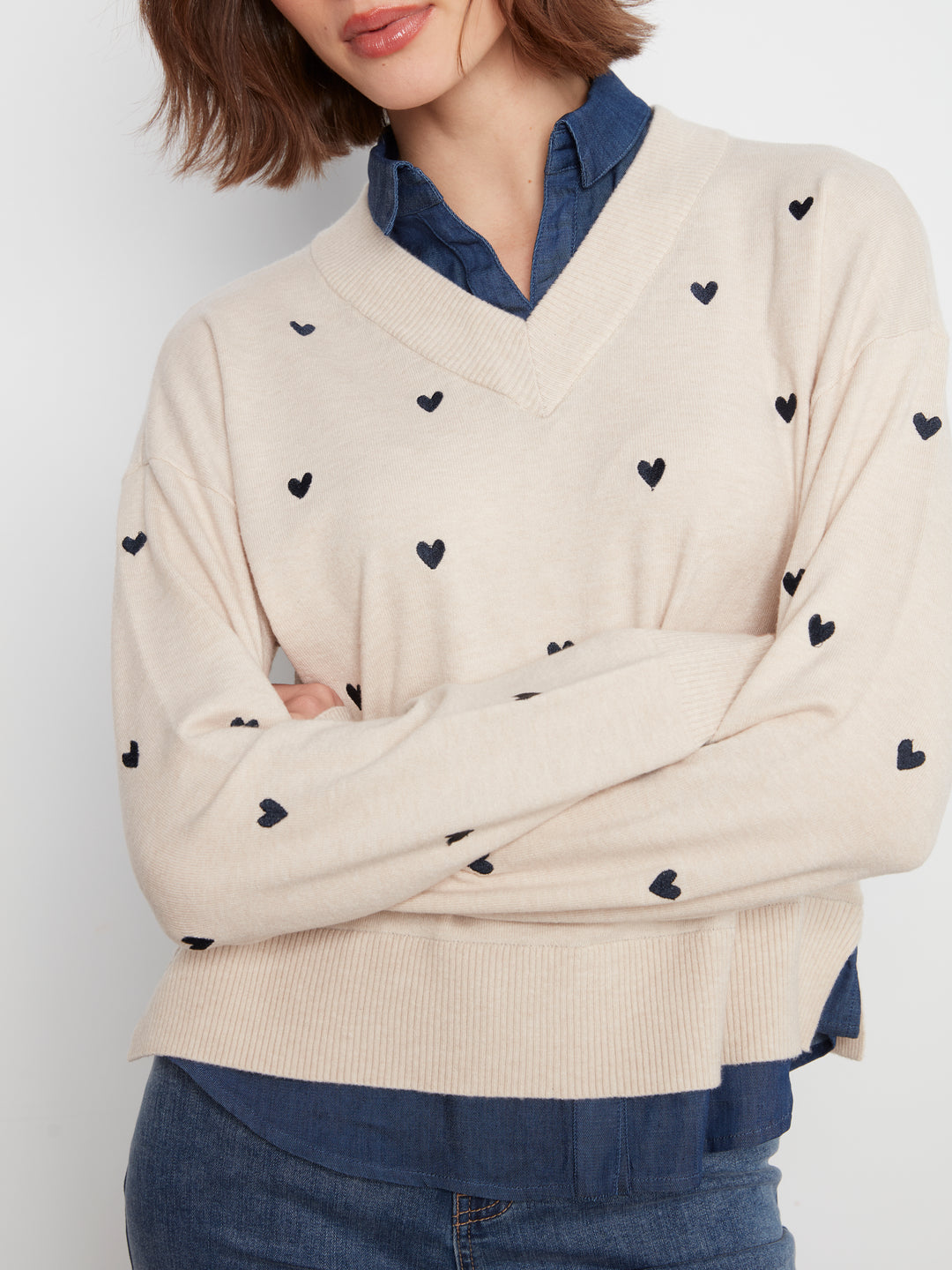 Heather Oat Heart Detail Shirt Collar Sweater