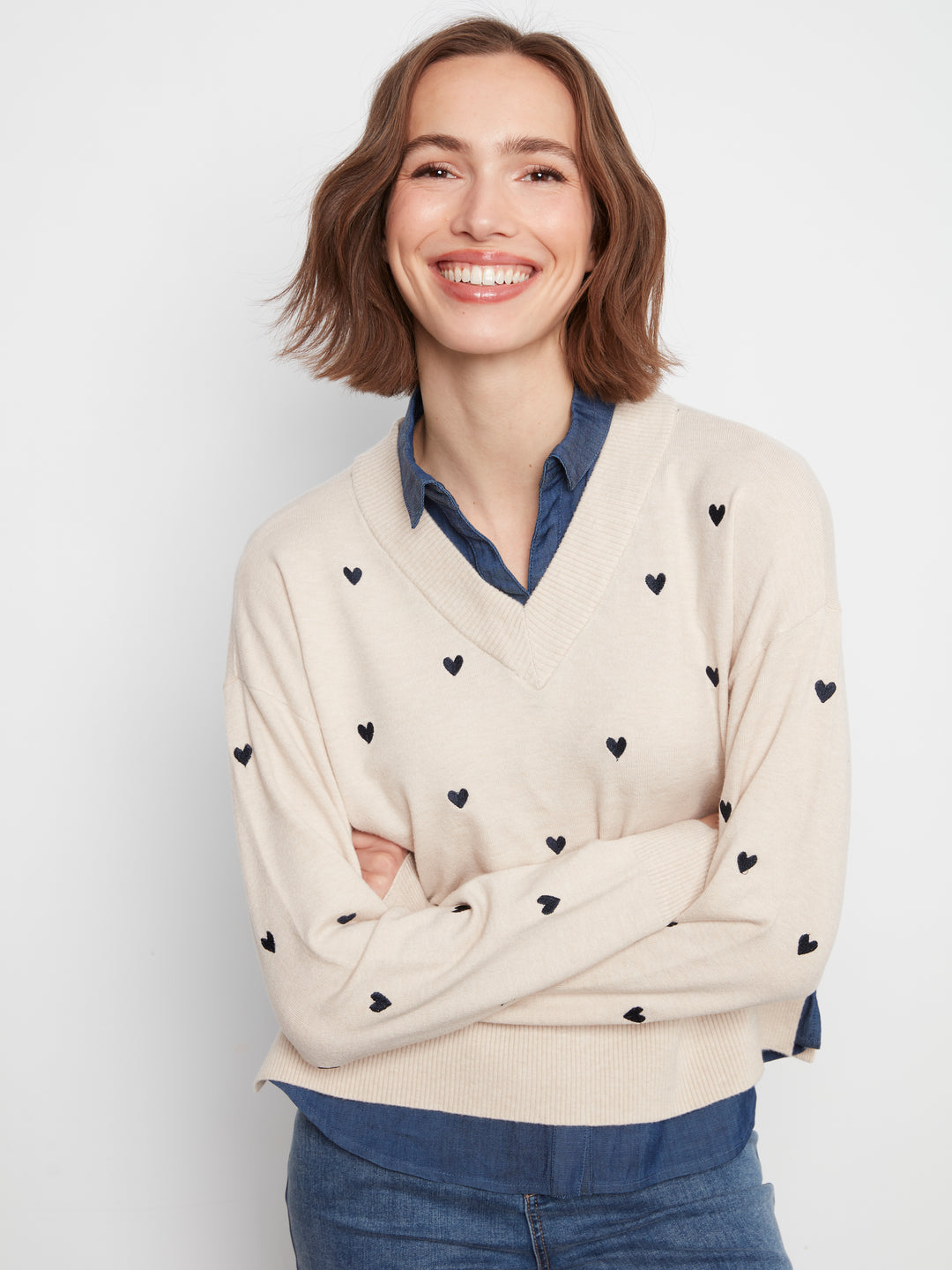 Heather Oat Heart Detail Shirt Collar Sweater