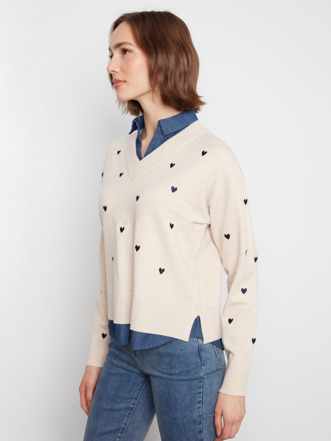 Heather Oat Heart Detail Shirt Collar Sweater