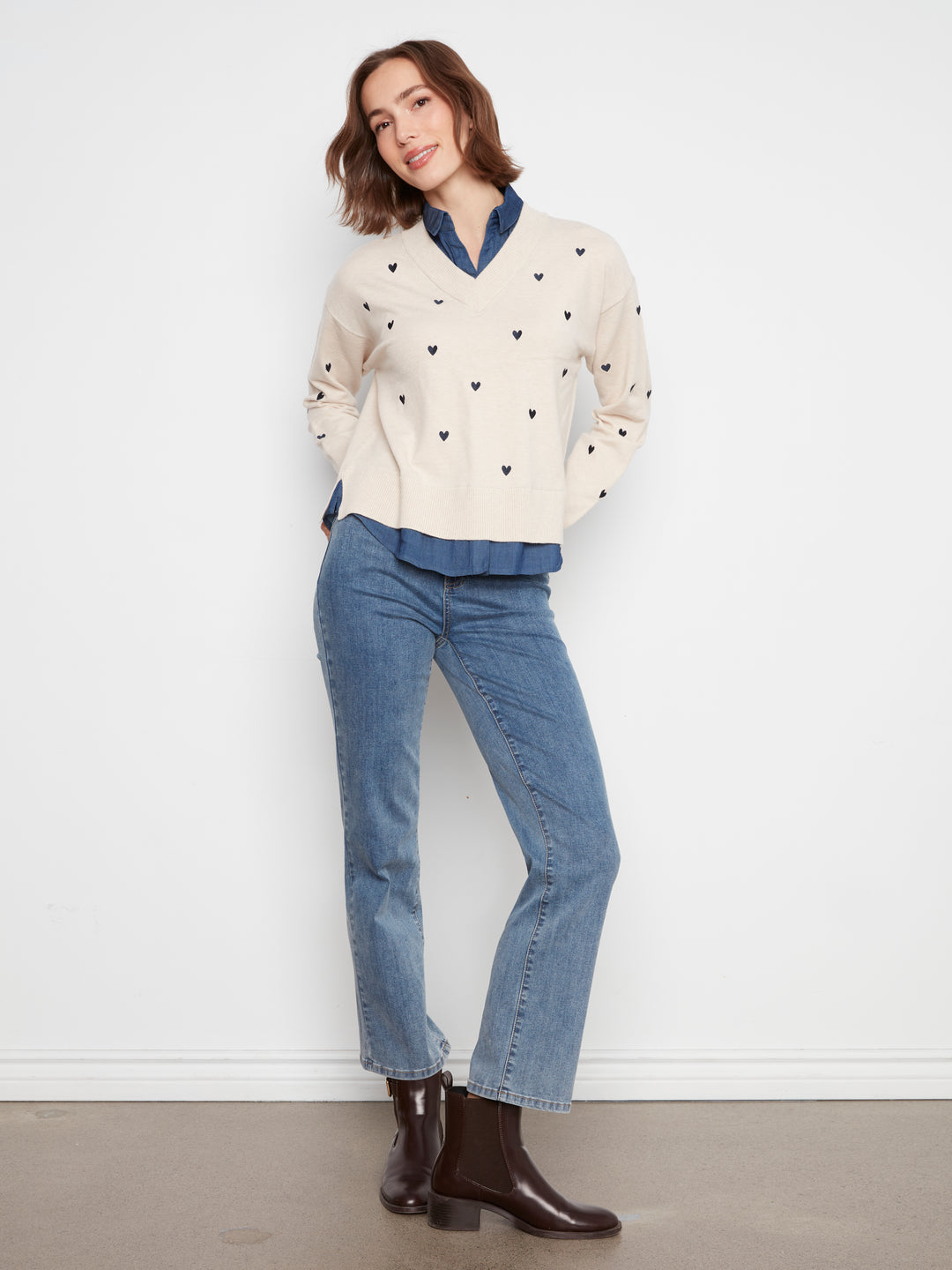 Heather Oat Heart Detail Shirt Collar Sweater