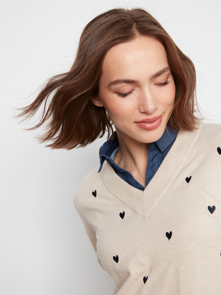 Heather Oat Heart Detail Shirt Collar Sweater