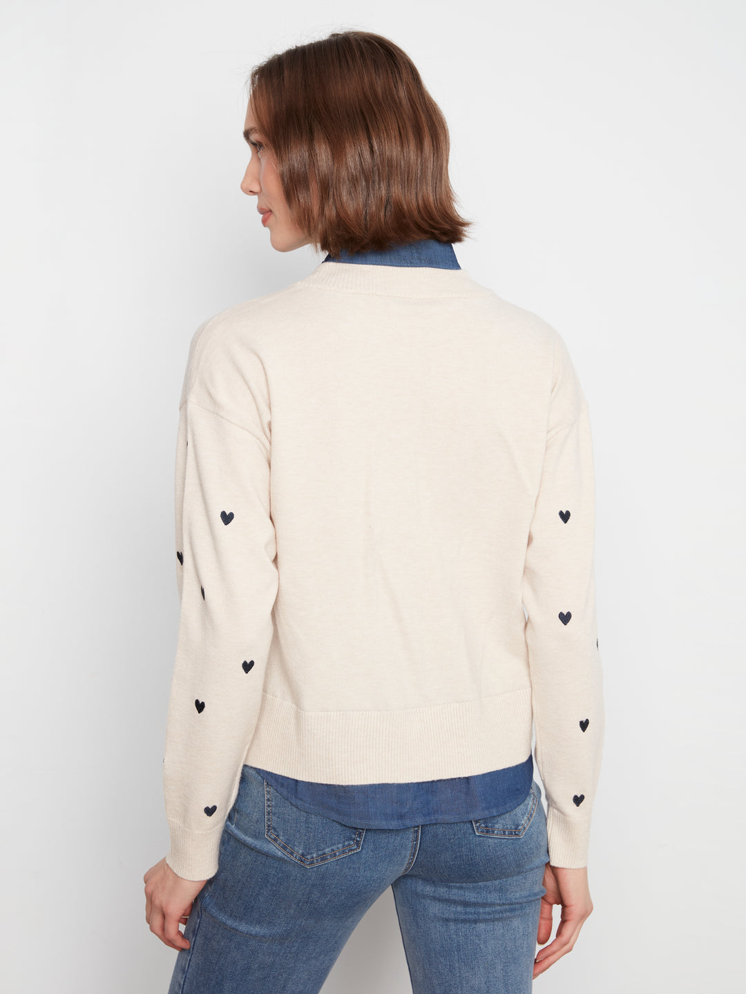 Heather Oat Heart Detail Shirt Collar Sweater