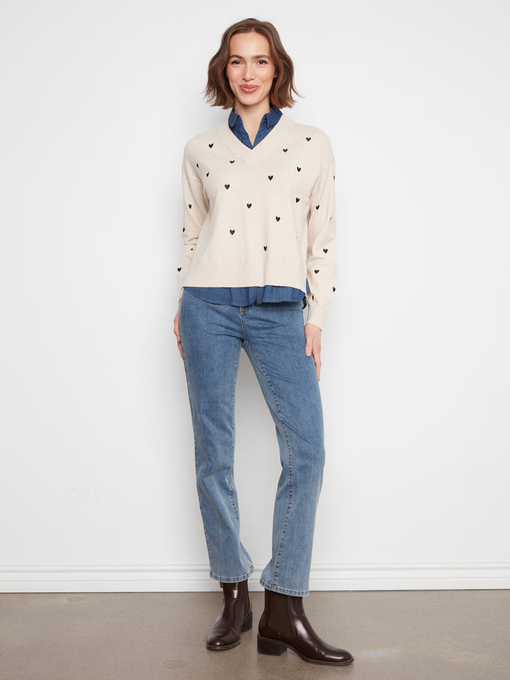 Heather Oat Heart Detail Shirt Collar Sweater