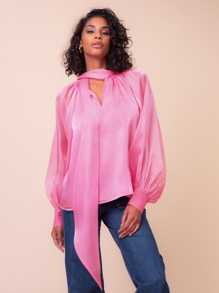 Hot Pink Shimmer Tie Neck Blouse