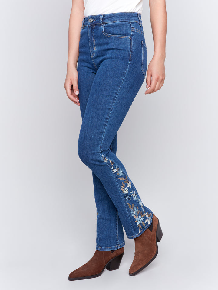 Indigo Bootleg Side Embroidered Jean