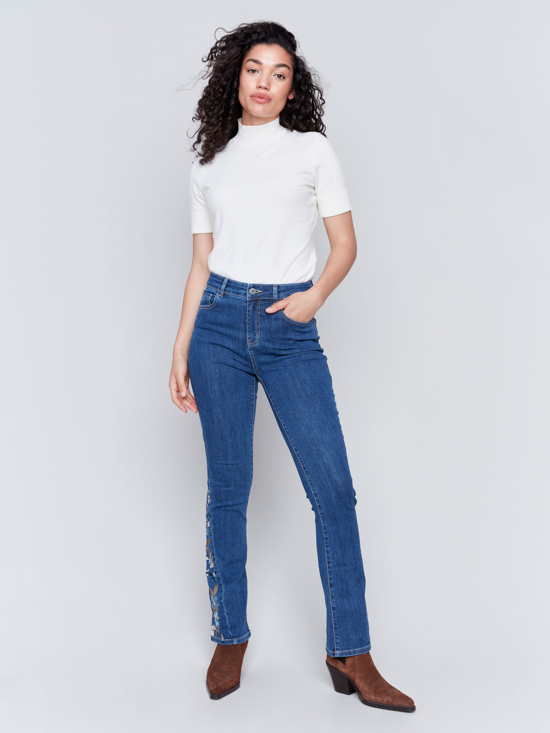 Indigo Bootleg Side Embroidered Jean