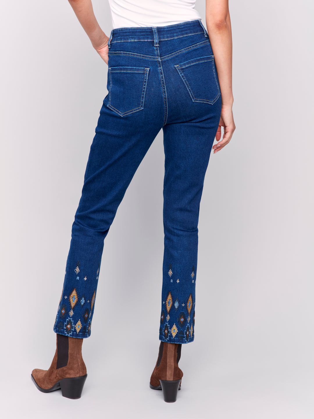 Indigo Diamond Embroidered Beaded Hem Jean