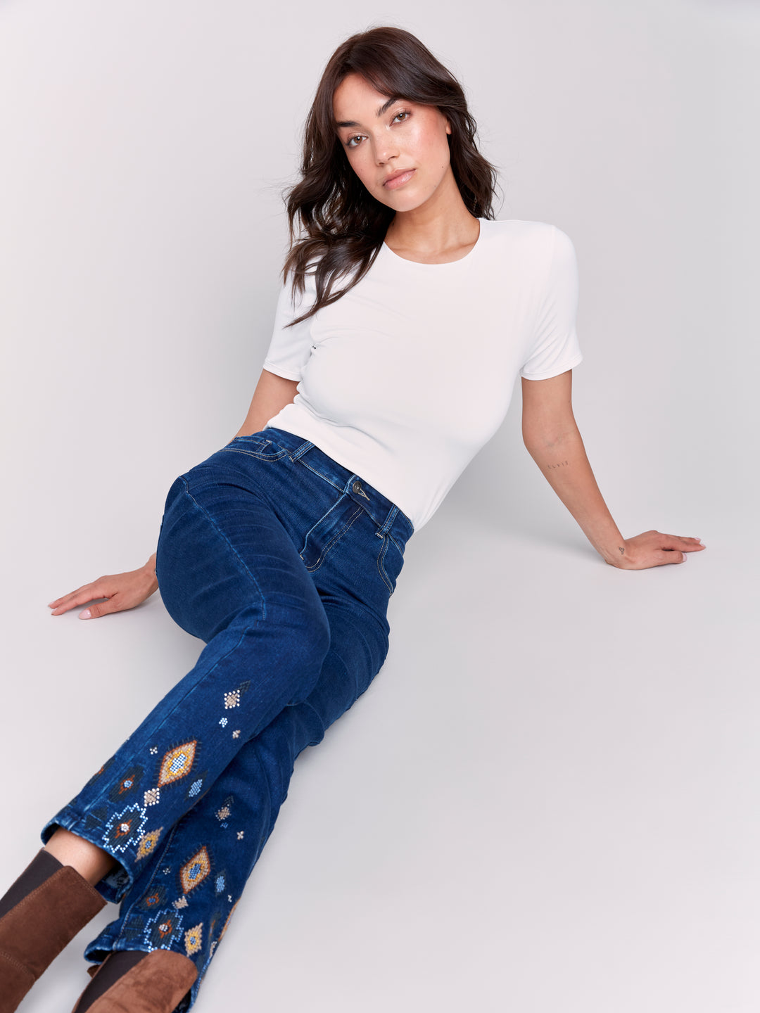 Indigo Diamond Embroidered Beaded Hem Jean