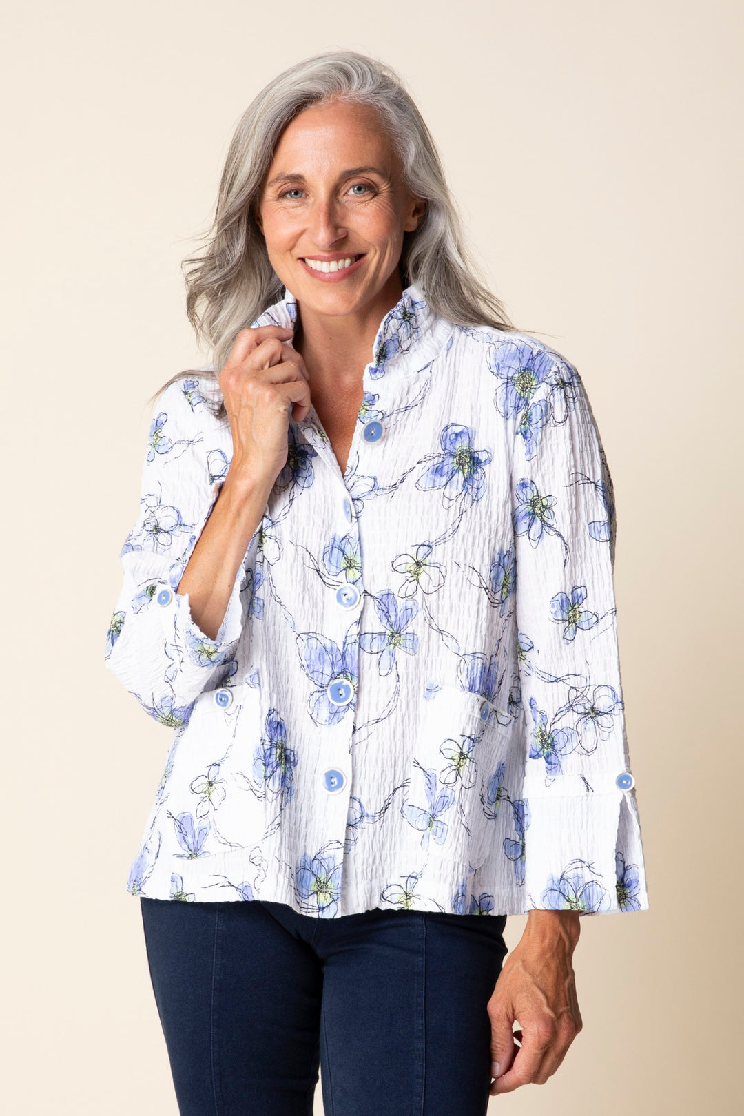 Indigo Floral Ruched Collar Swing Jacket