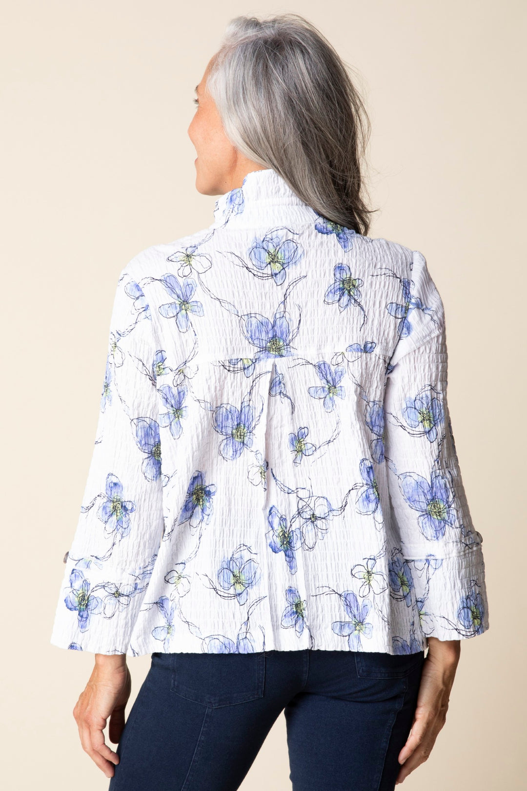 Indigo Floral Ruched Collar Swing Jacket