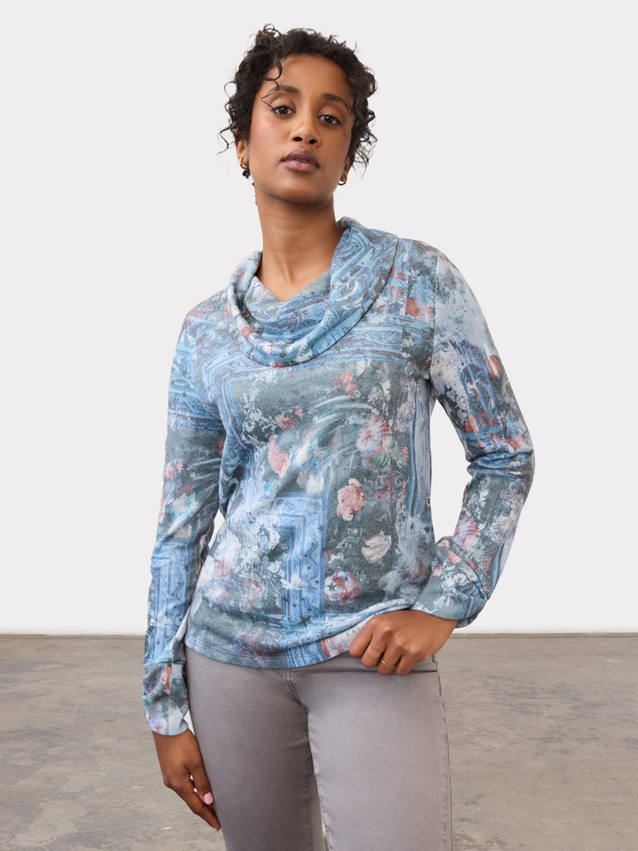 Indigo Gallery Print Cowl Neck Top