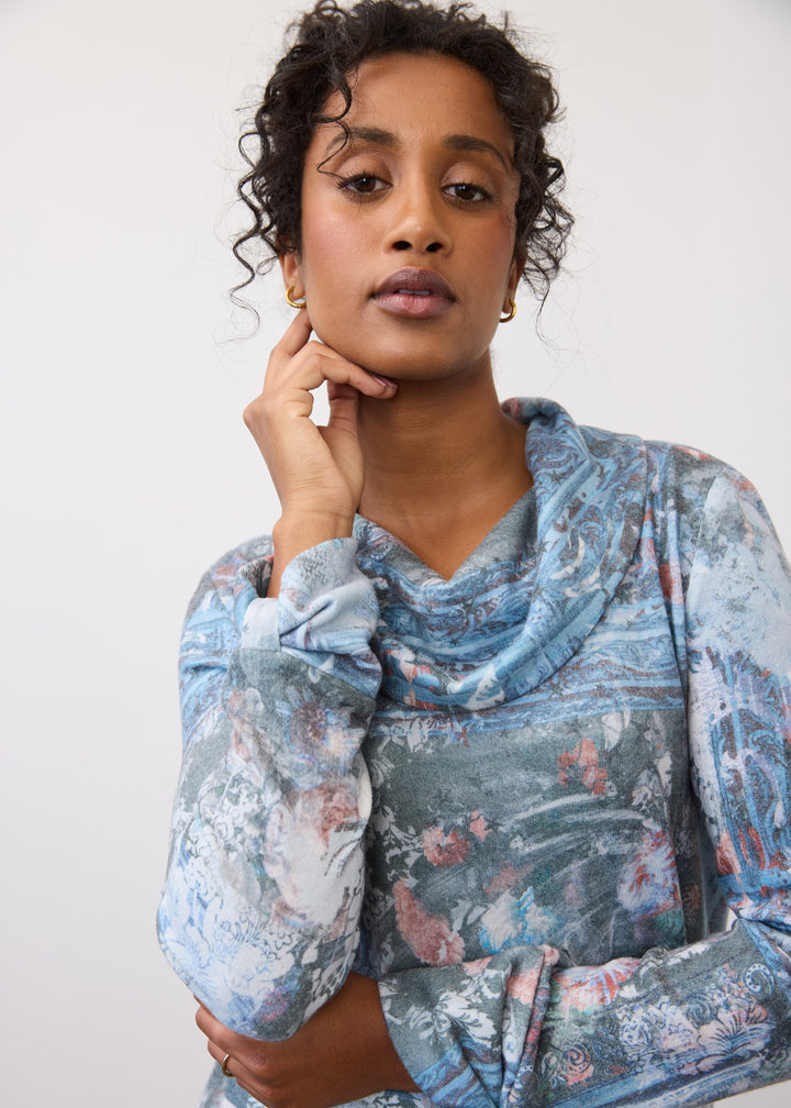 Indigo Gallery Print Cowl Neck Top