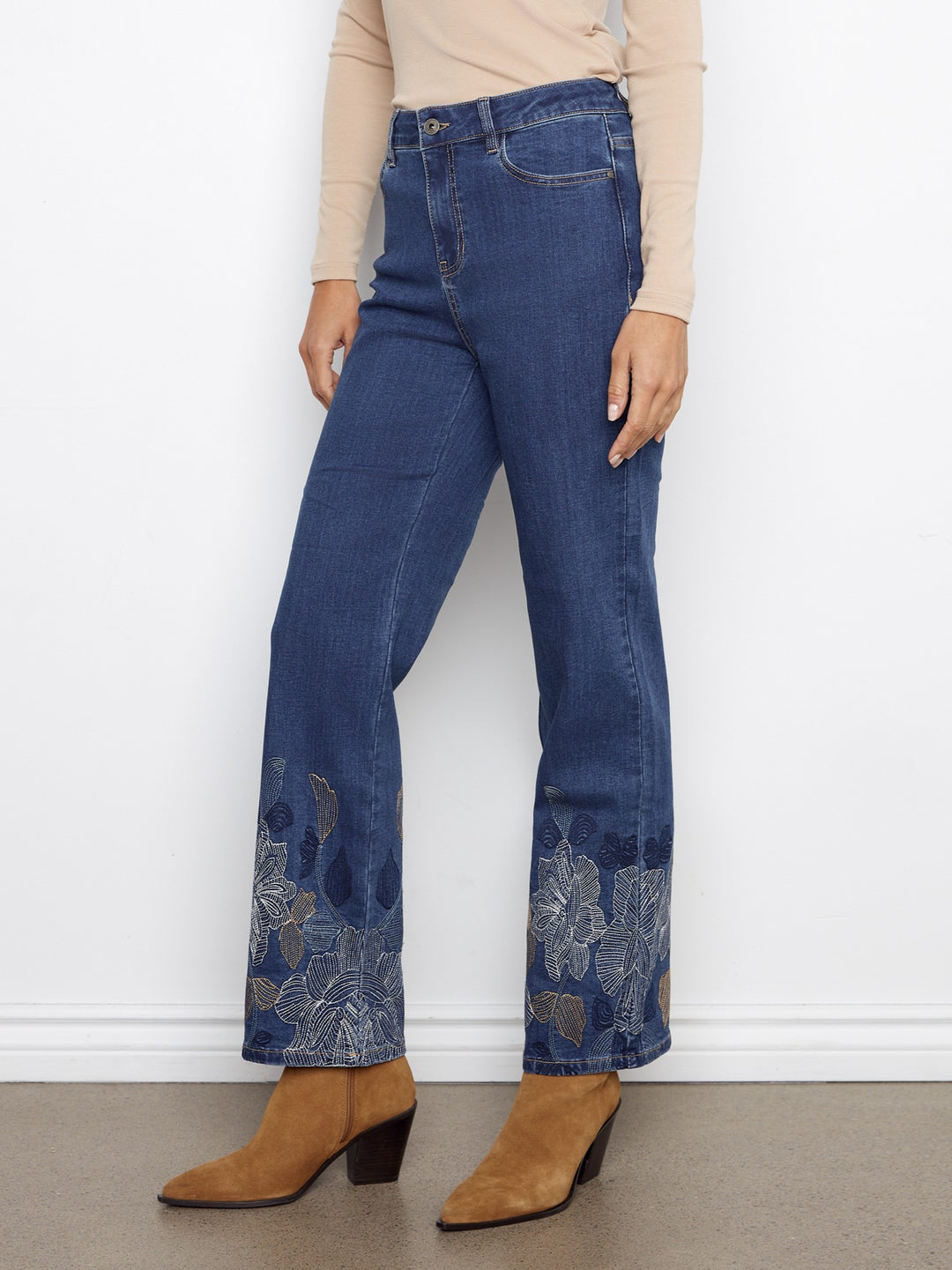 Indigo Metallic Embroidered Hem Straight Leg Jean