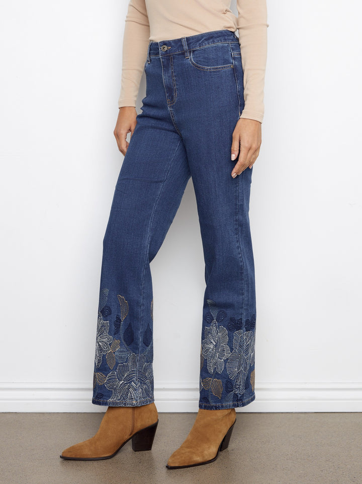 Indigo Metallic Embroidered Hem Straight Leg Jean