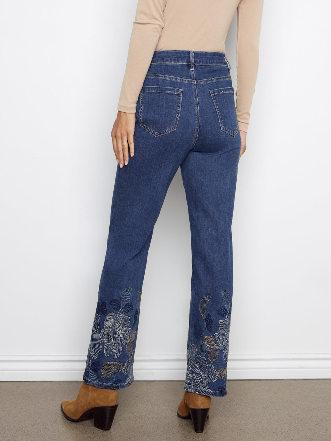 Indigo Metallic Embroidered Hem Straight Leg Jean