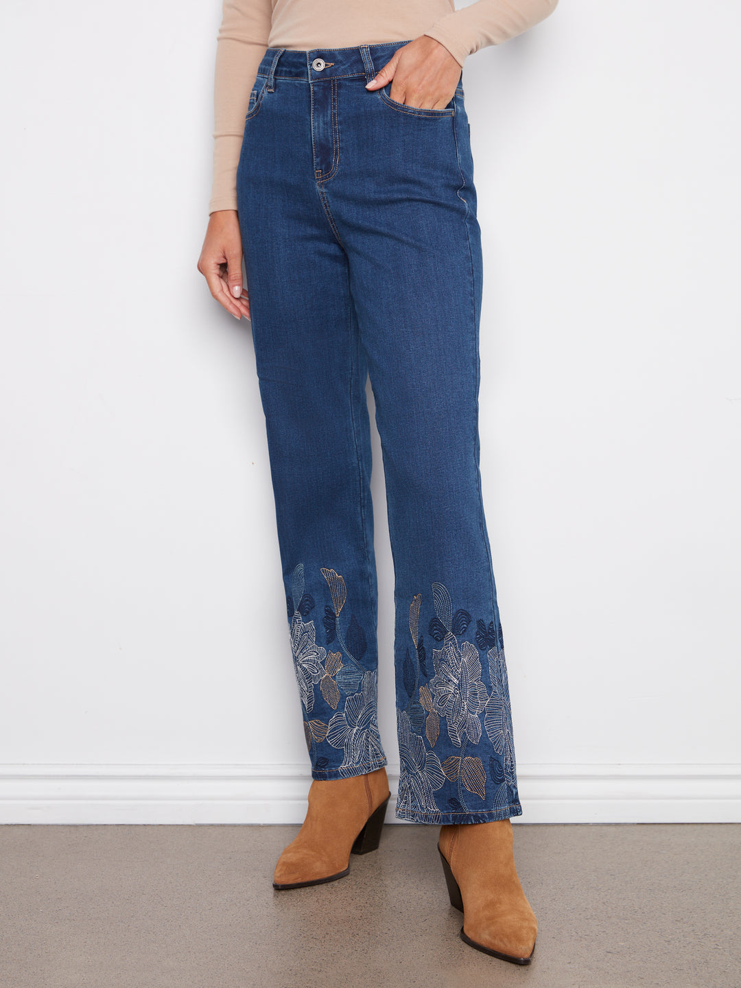 Indigo Metallic Embroidered Hem Straight Leg Jean