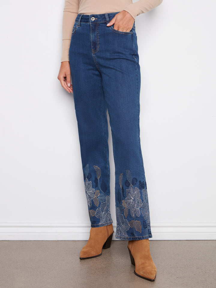 Indigo Metallic Embroidered Hem Straight Leg Jean