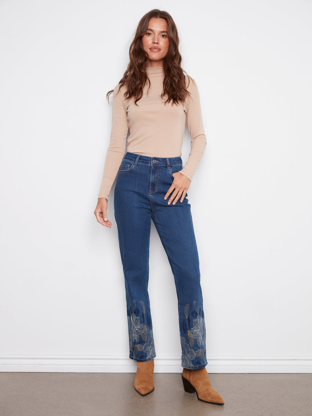 Indigo Metallic Embroidered Hem Straight Leg Jean