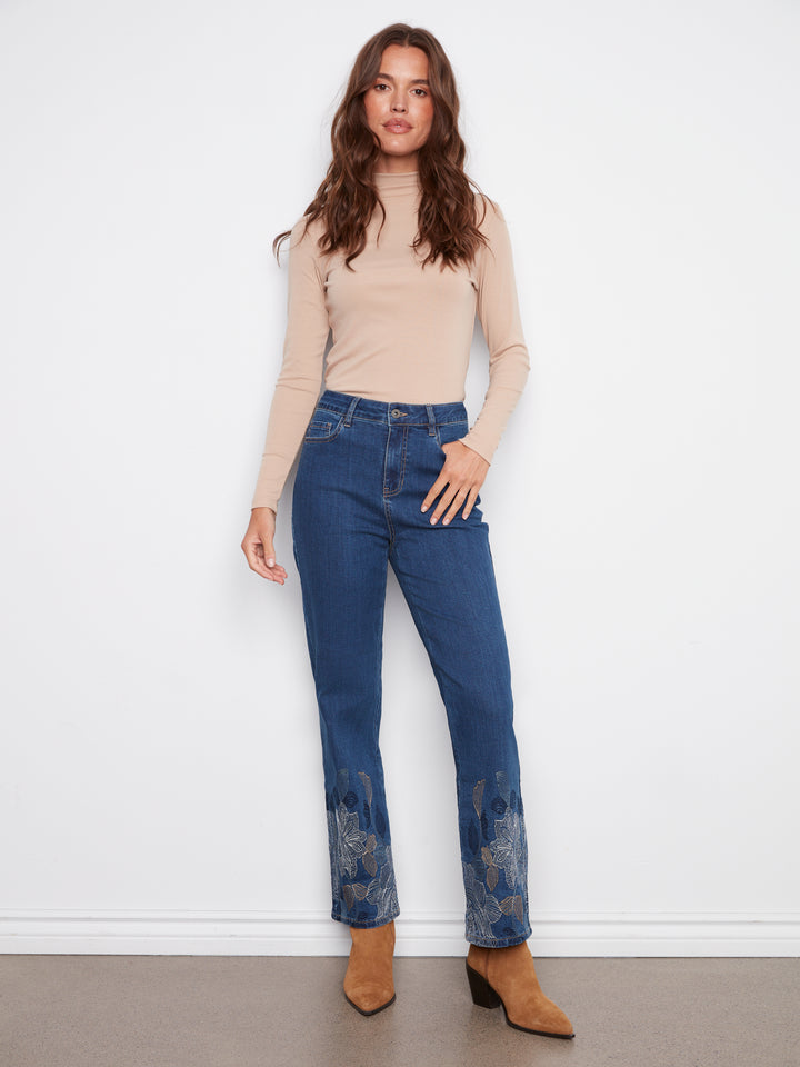 Indigo Metallic Embroidered Hem Straight Leg Jean