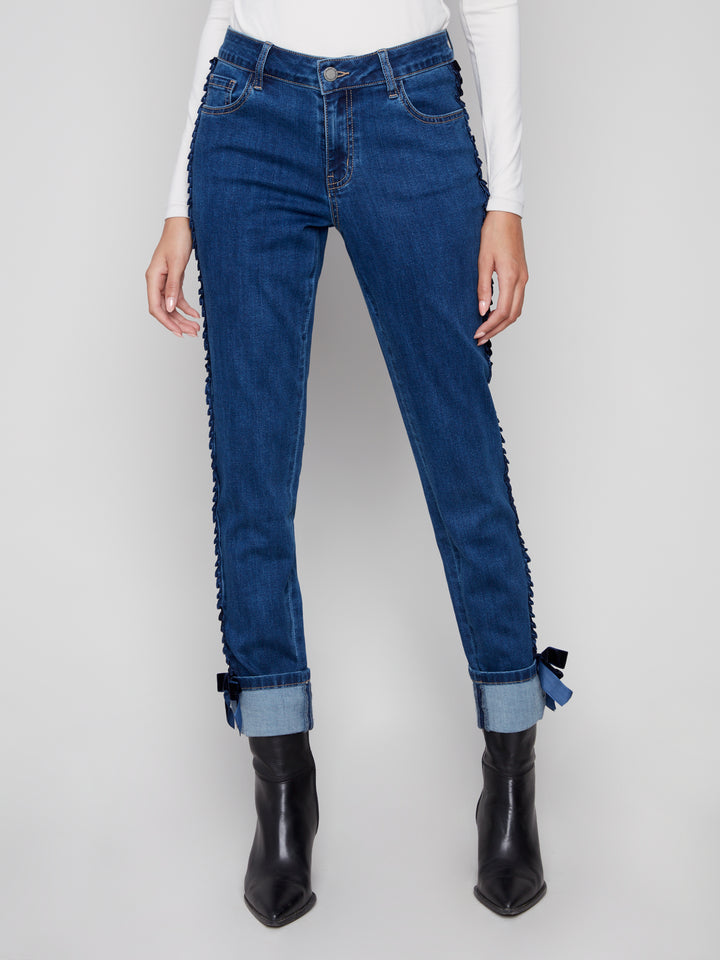 Indigo Velvet Bow Trim Slim Leg Jean