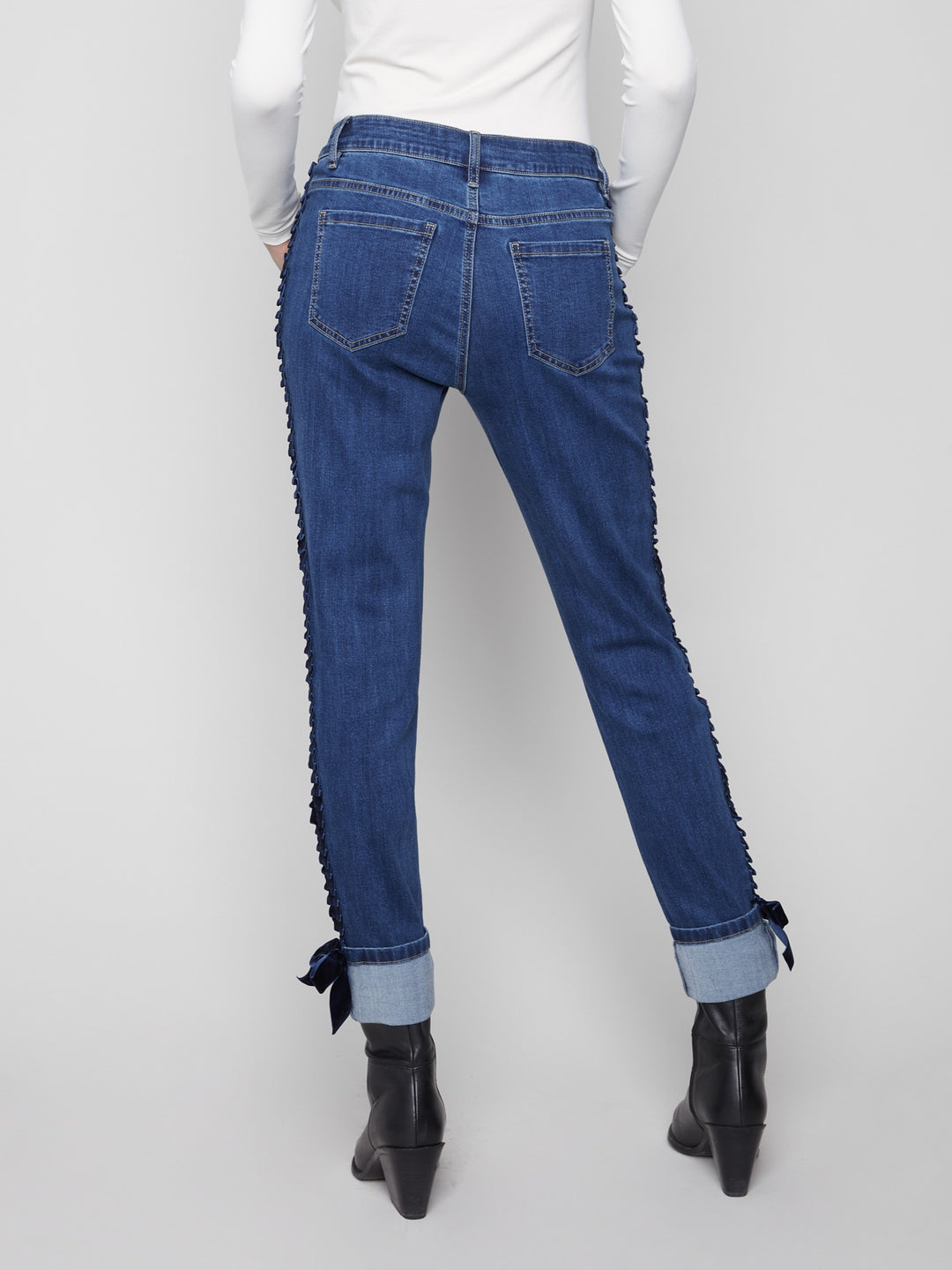 Indigo Velvet Bow Trim Slim Leg Jean