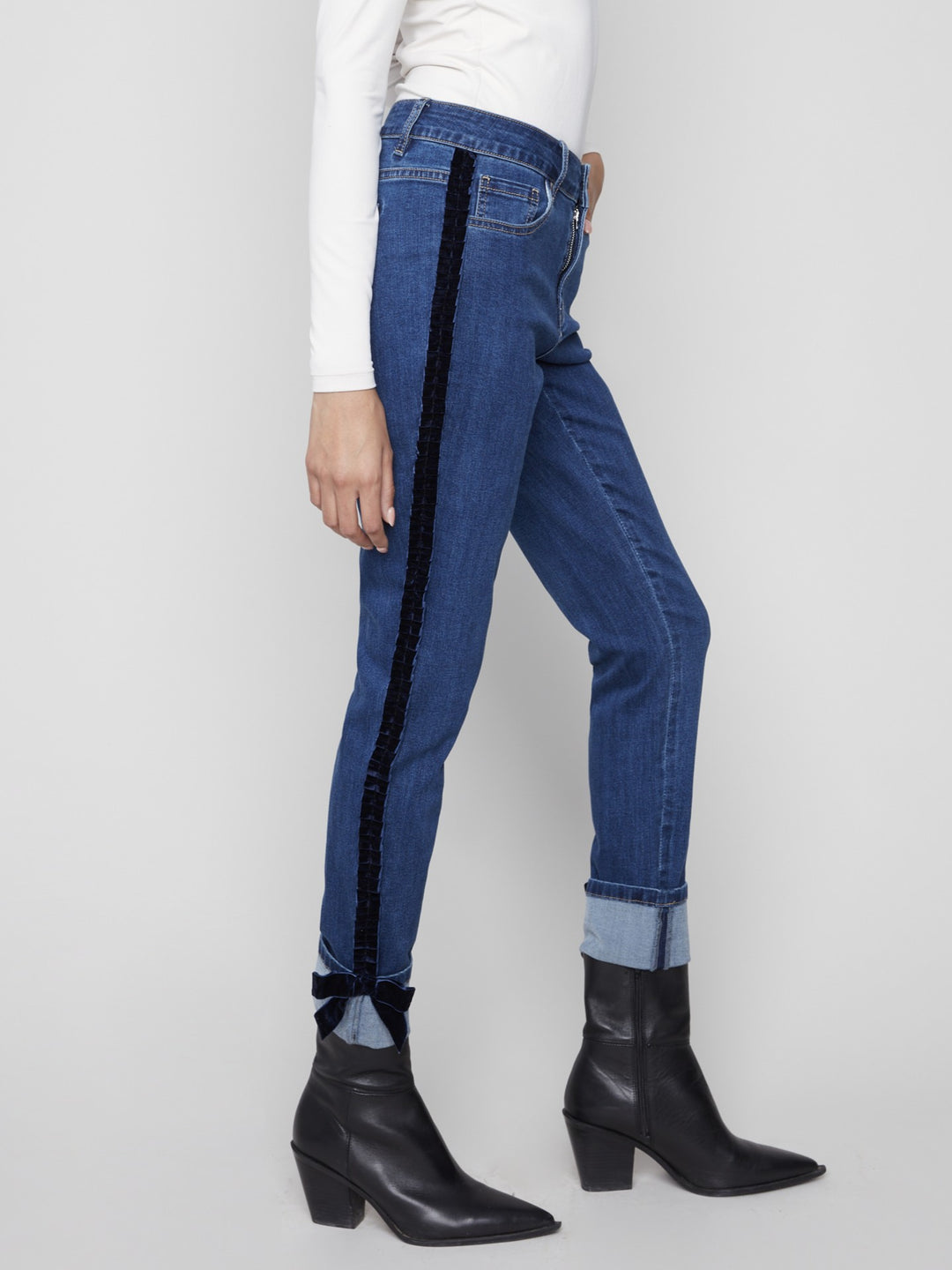 Indigo Velvet Bow Trim Slim Leg Jean