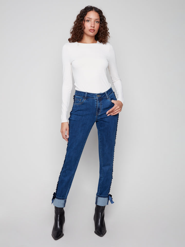 Indigo Velvet Bow Trim Slim Leg Jean