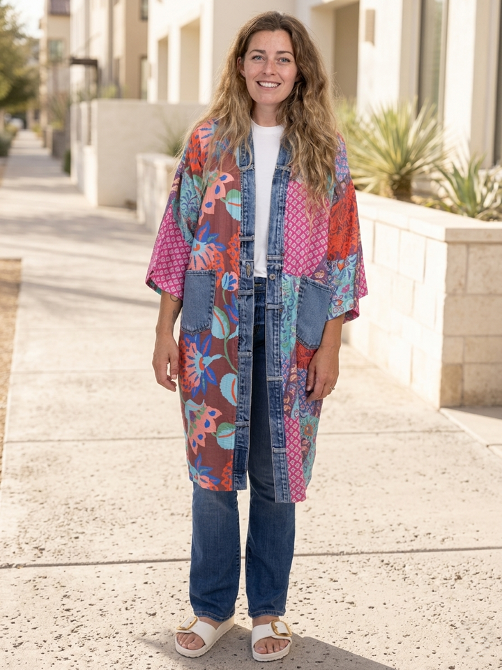 Island Flower Mix Denim Detail Kimono Cardigan