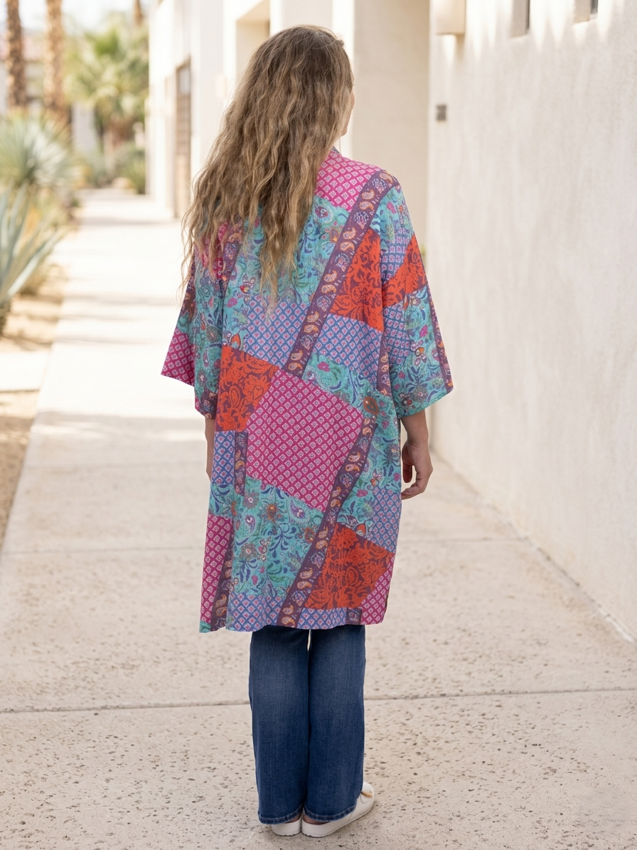 Island Flower Mix Denim Detail Kimono Cardigan