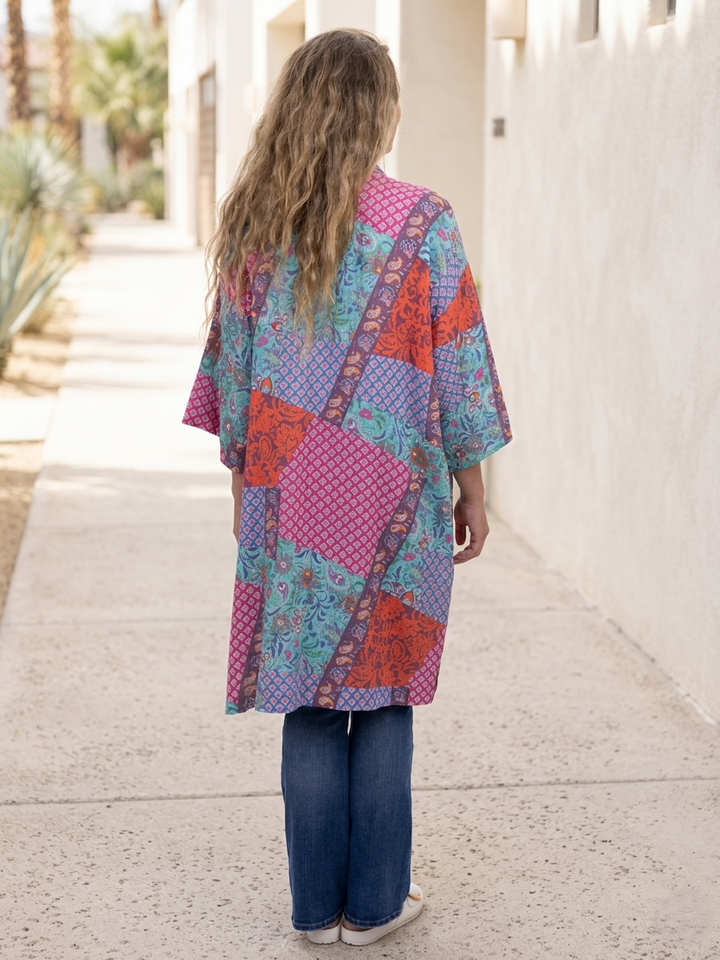 Island Flower Mix Denim Detail Kimono Cardigan