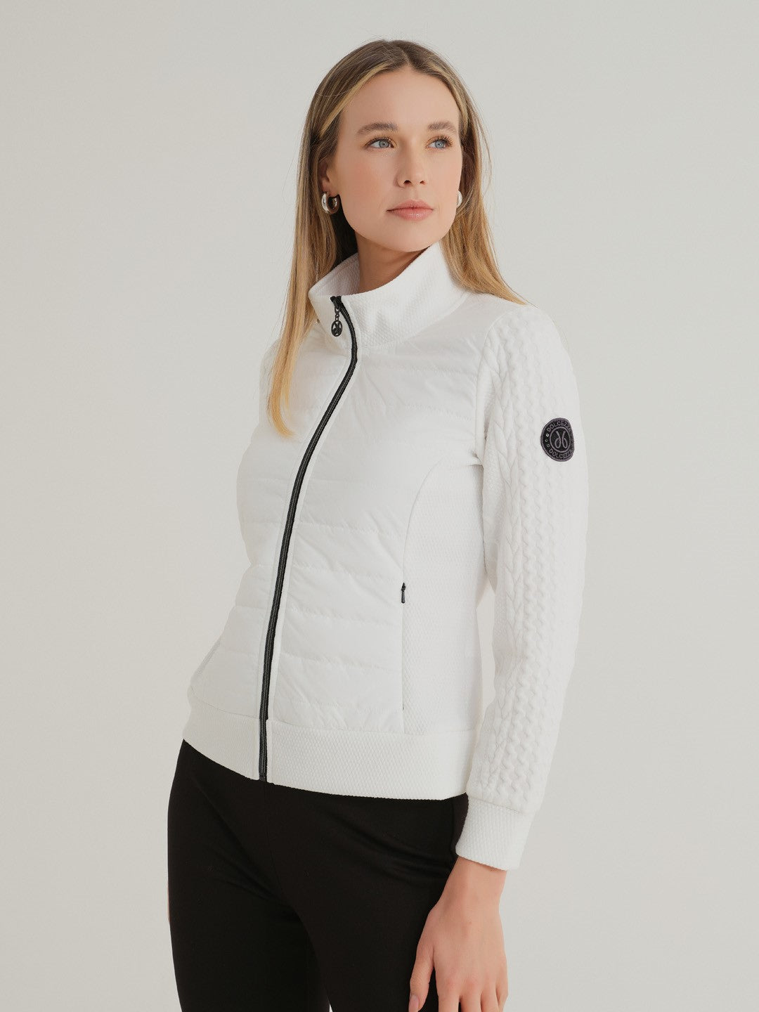 Ivory Mixed Media Knit Zip Up Jacket