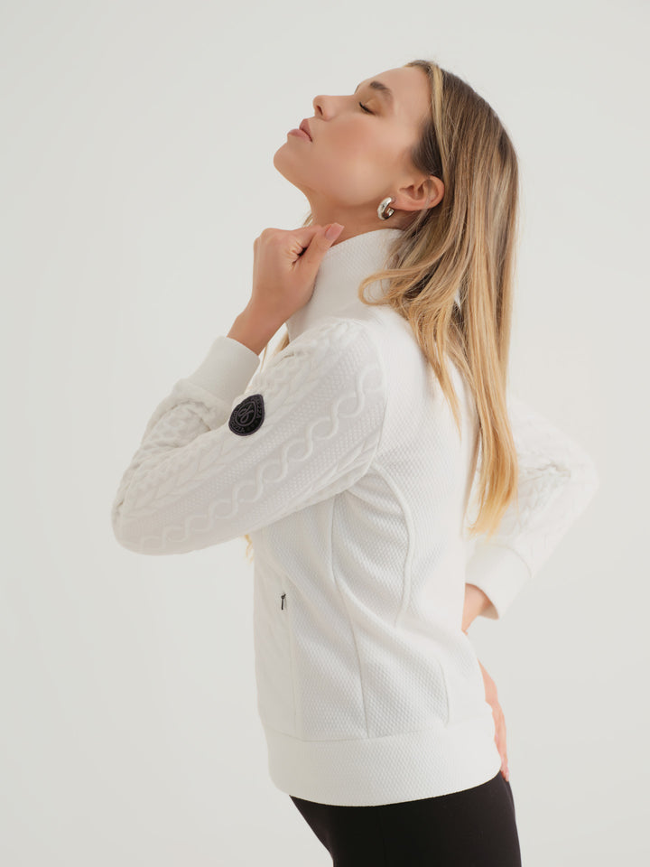 Ivory Mixed Media Knit Zip Up Jacket