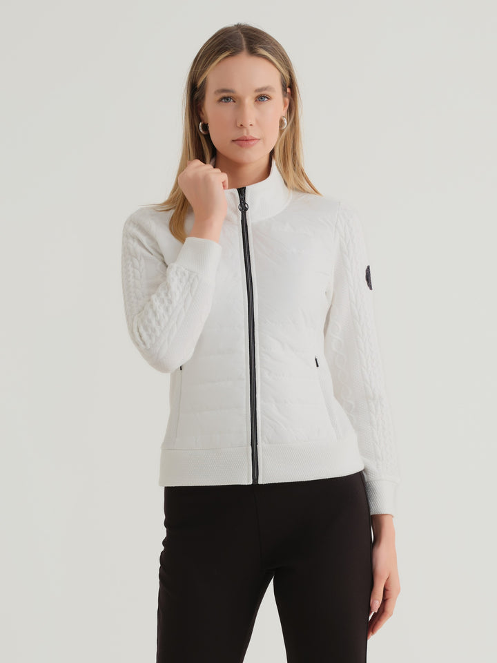 Ivory Mixed Media Knit Zip Up Jacket