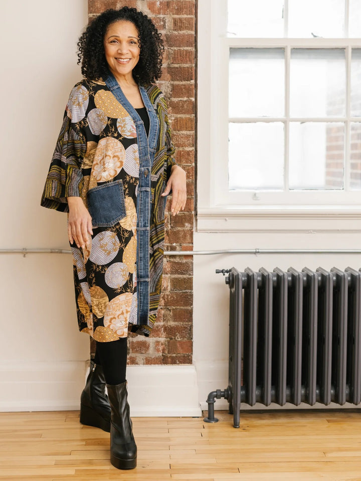 Janis Asia Print Denim Detail Duster Cardigan