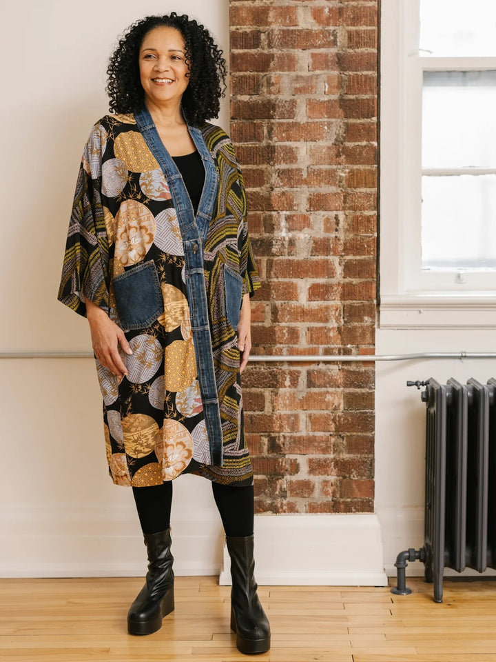 Janis Asia Print Denim Detail Duster Cardigan