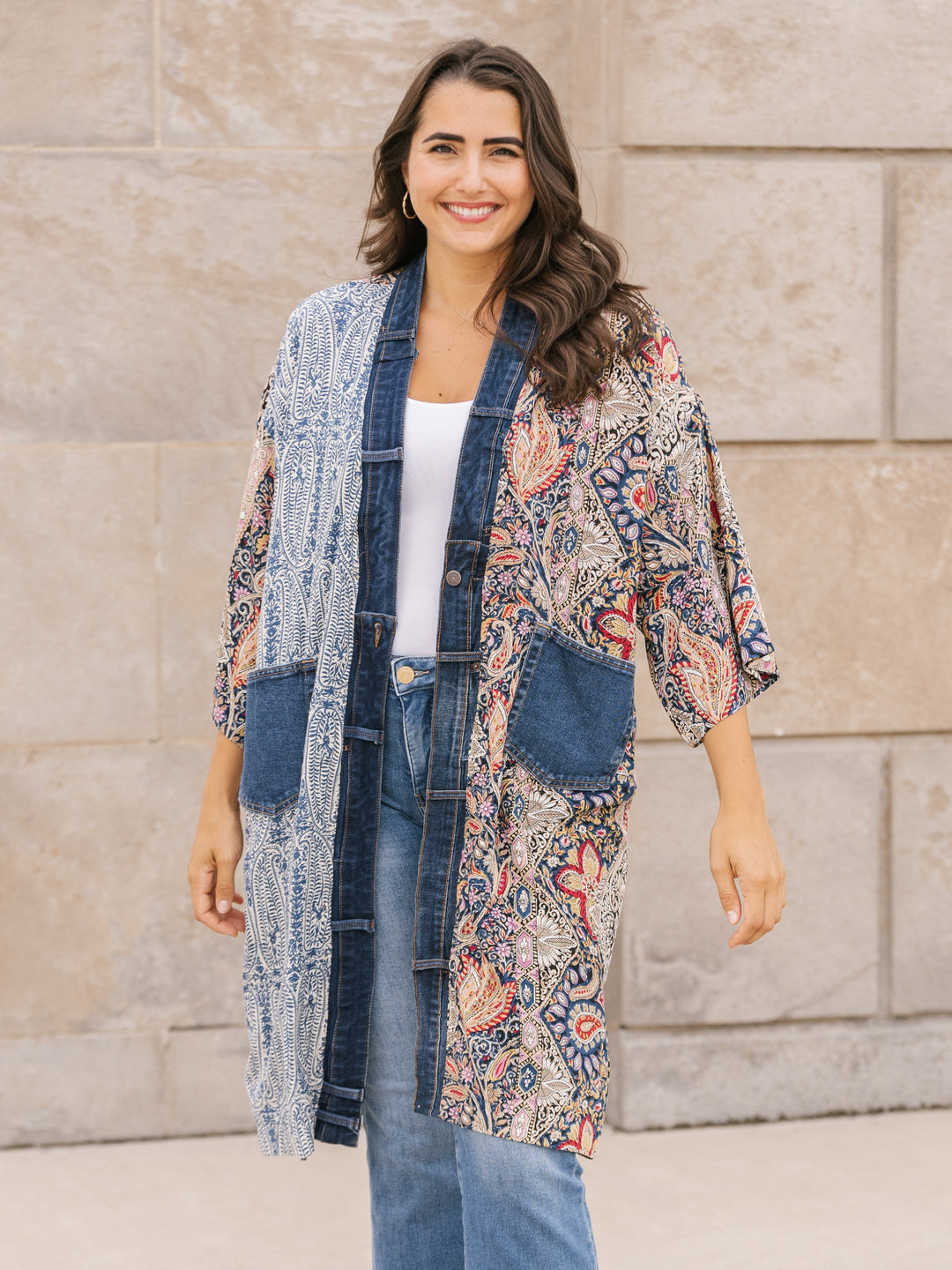 Janis Blue Paisley Denim Detail Duster Cardigan