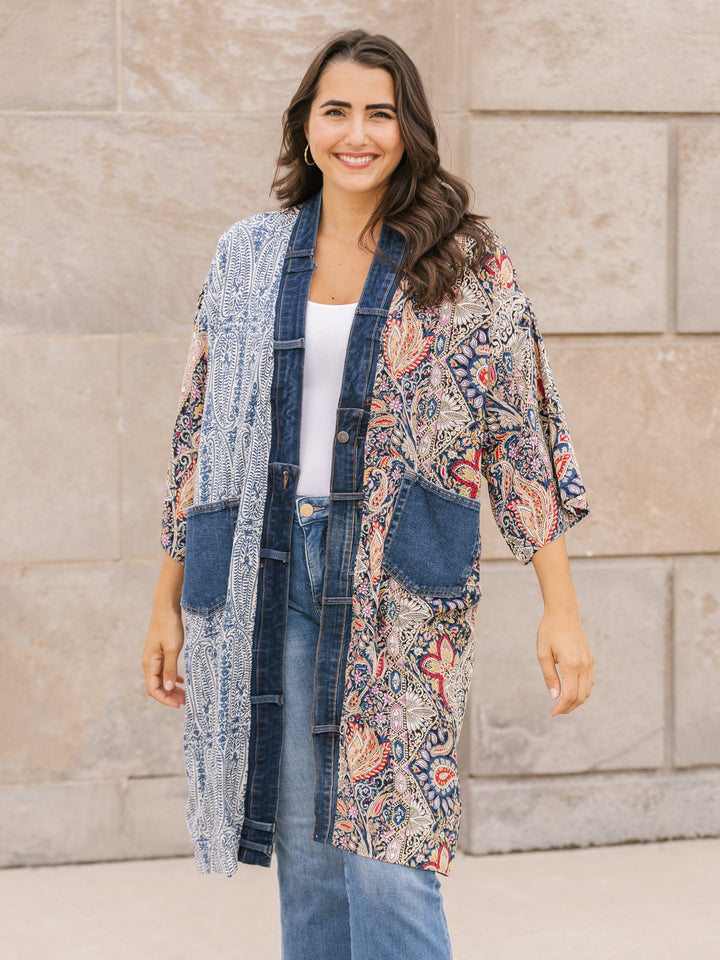 Janis Blue Paisley Denim Detail Duster Cardigan