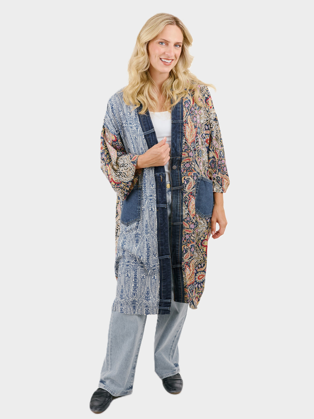 Janis Blue Paisley Denim Detail Duster Cardigan