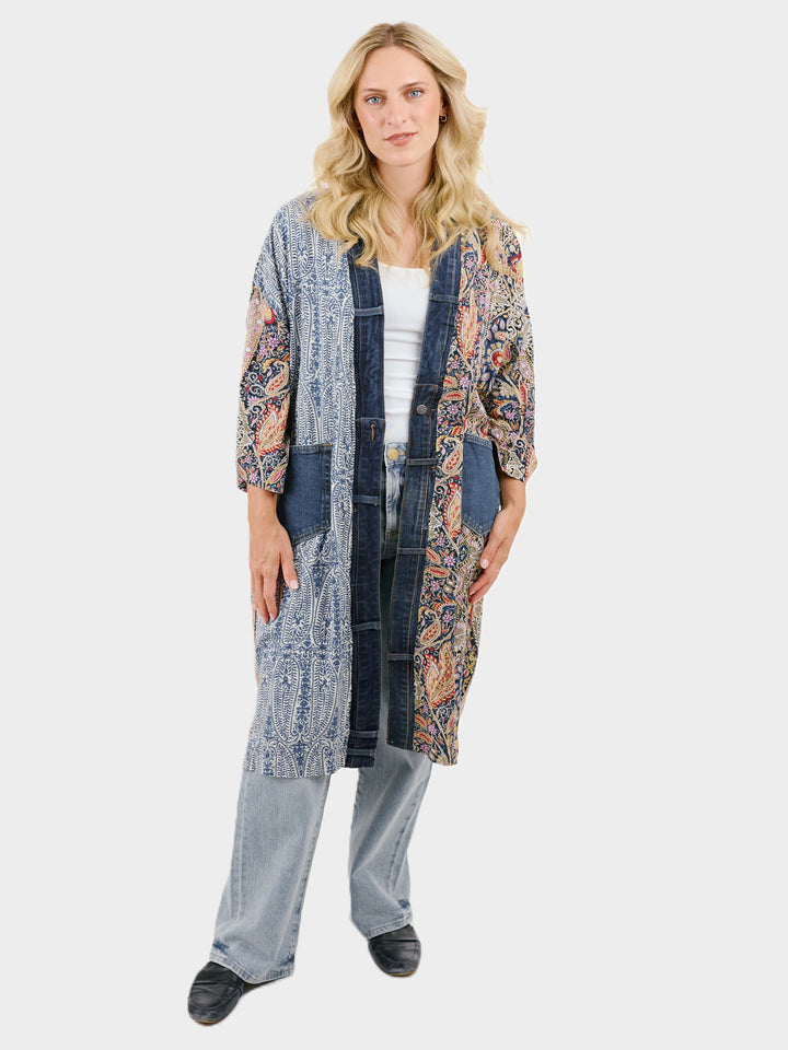 Janis Blue Paisley Denim Detail Duster Cardigan