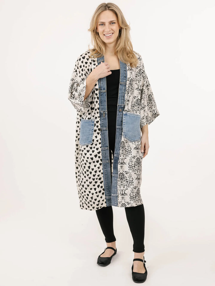 Janis Ivory Mix Denim Detail Duster Cardigan