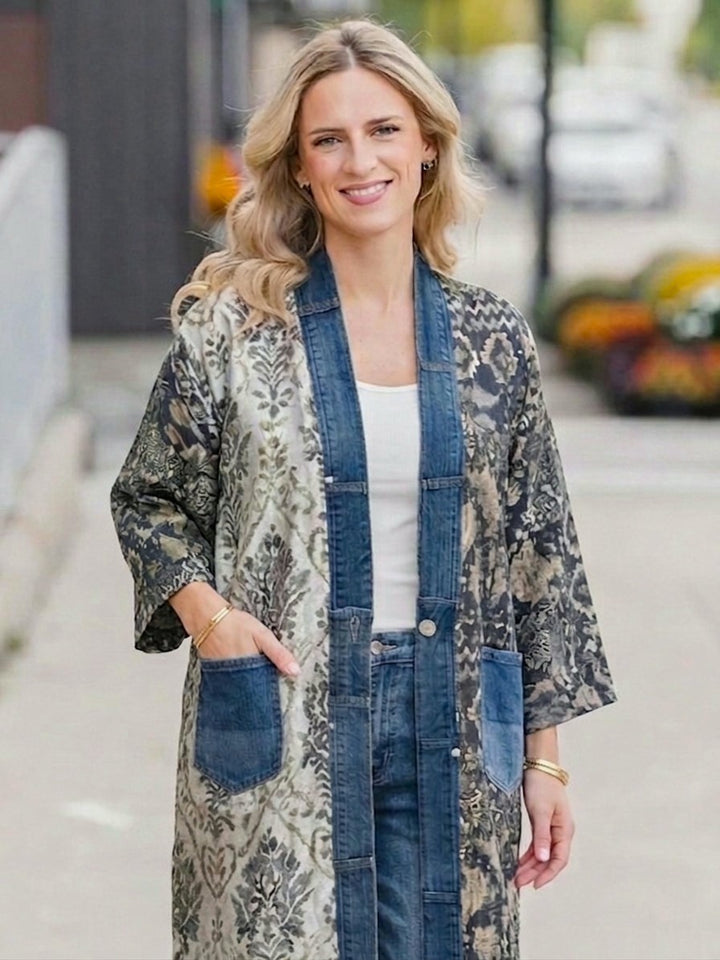 Janis Olive Mix Denim Detail Kimono Cardigan