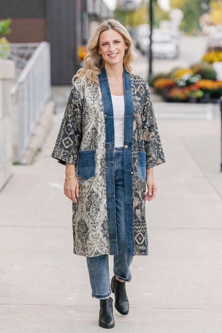 Janis Olive Mix Denim Detail Kimono Cardigan