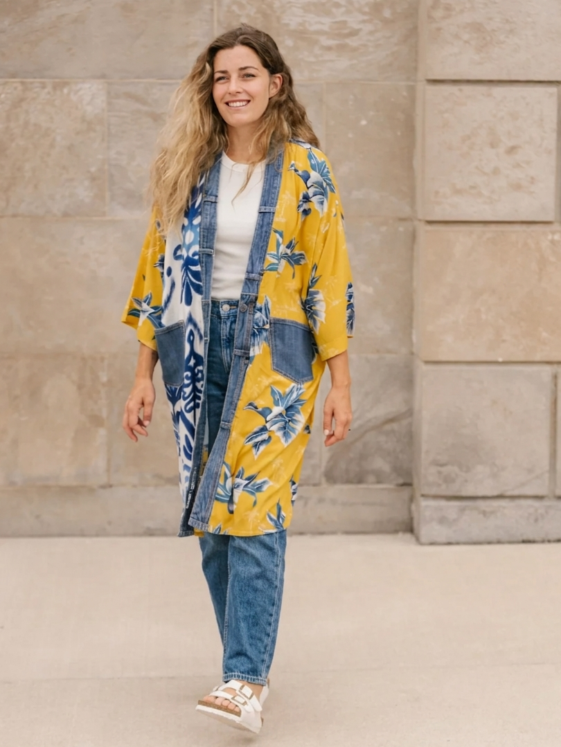 Janis Yellow Palm Mix Denim Detail Kimono Cardigan