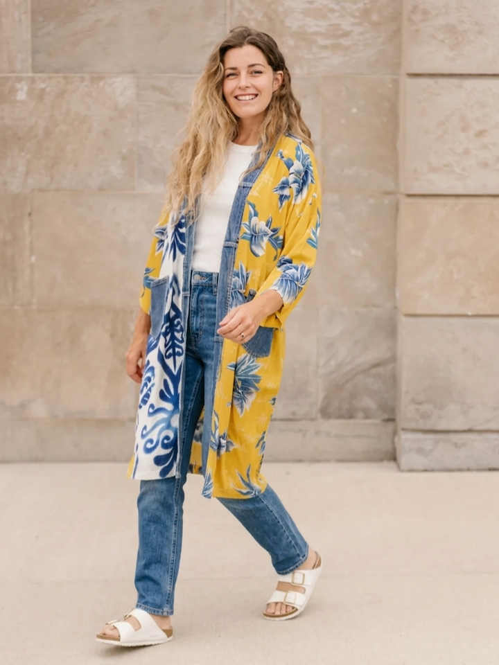Janis Yellow Palm Mix Denim Detail Kimono Cardigan