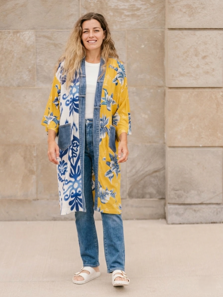 Janis Yellow Palm Mix Denim Detail Kimono Cardigan