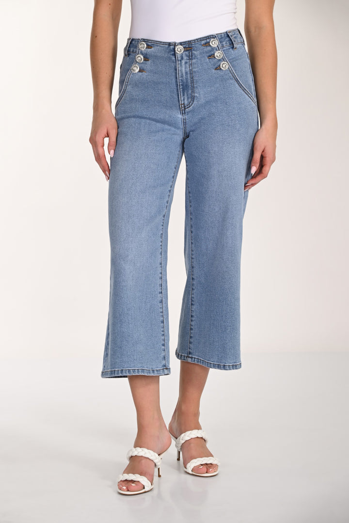 Jewel Button Detail Wide Leg Crop Jean