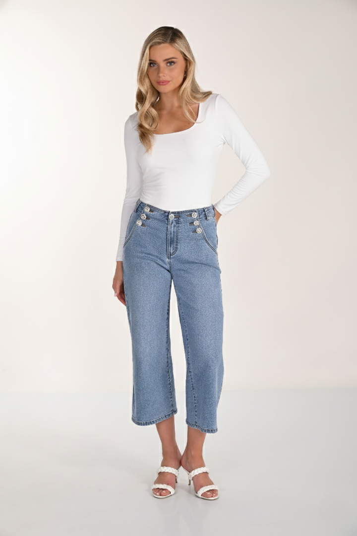 Jewel Button Detail Wide Leg Crop Jean