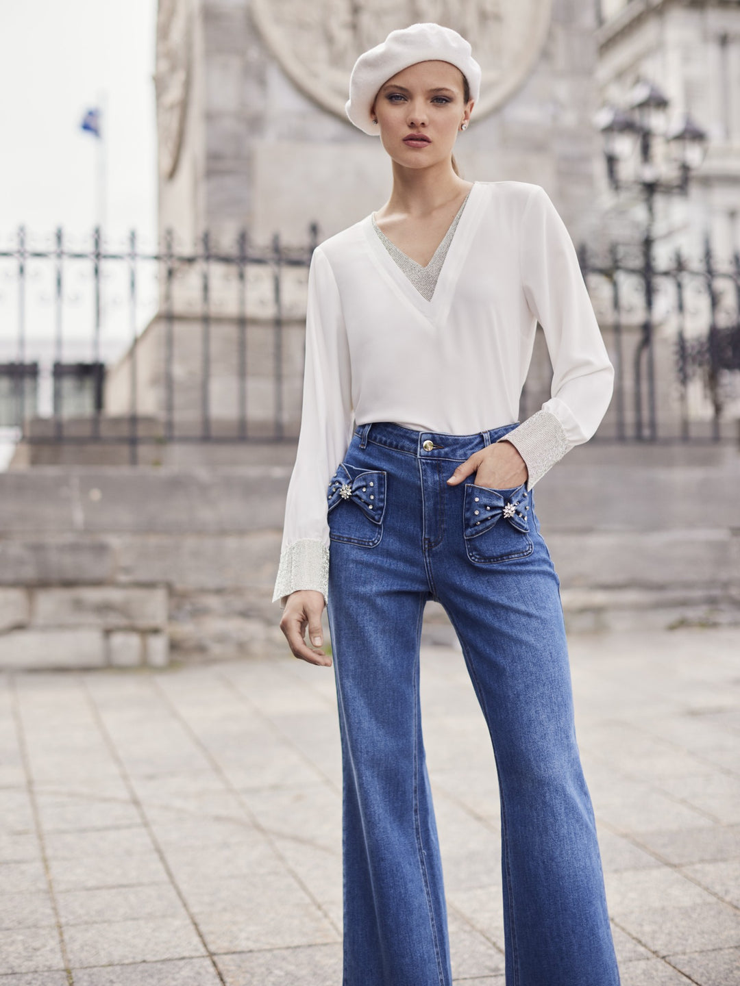 Jewelled Bow Pocket Wide Leg Jean