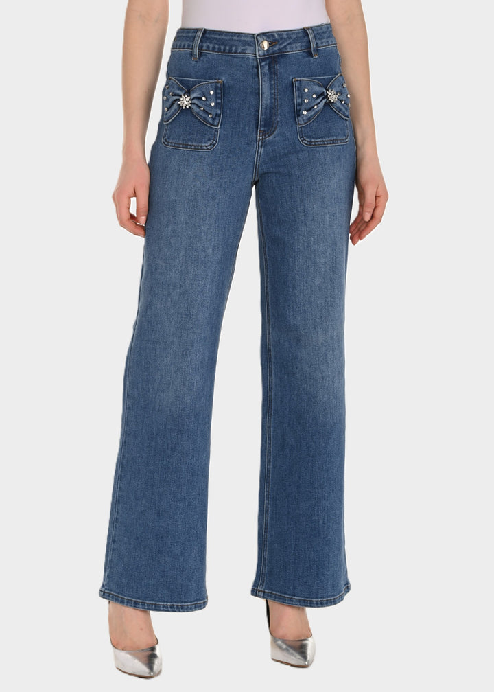 Jewelled Bow Pocket Wide Leg Jean