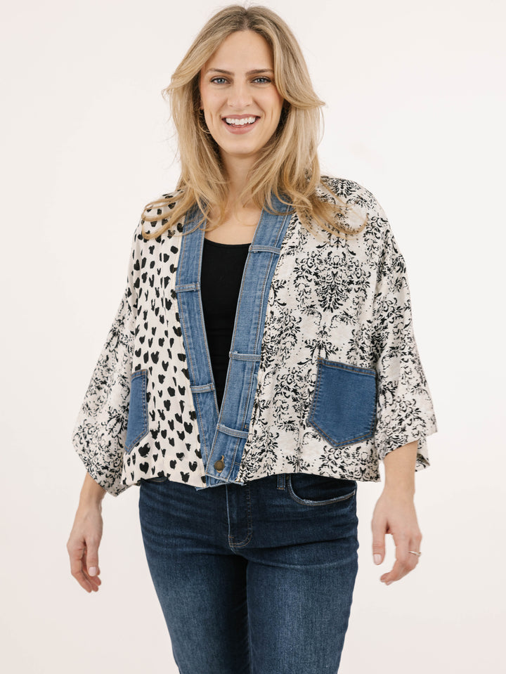 Karol Ivory Mix Denim Detail Short Cardigan